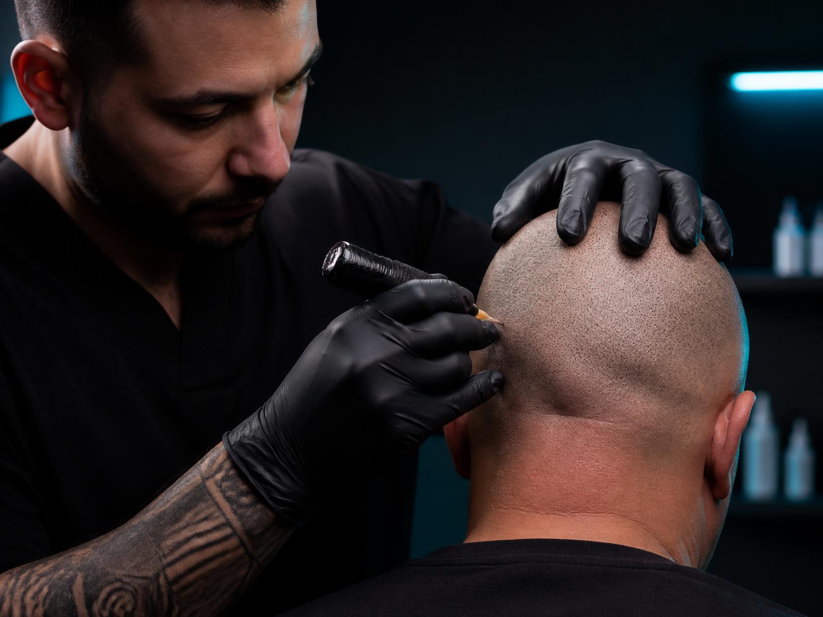 Practitioner performing a scalp micropigmentation treatment at Apex SMP